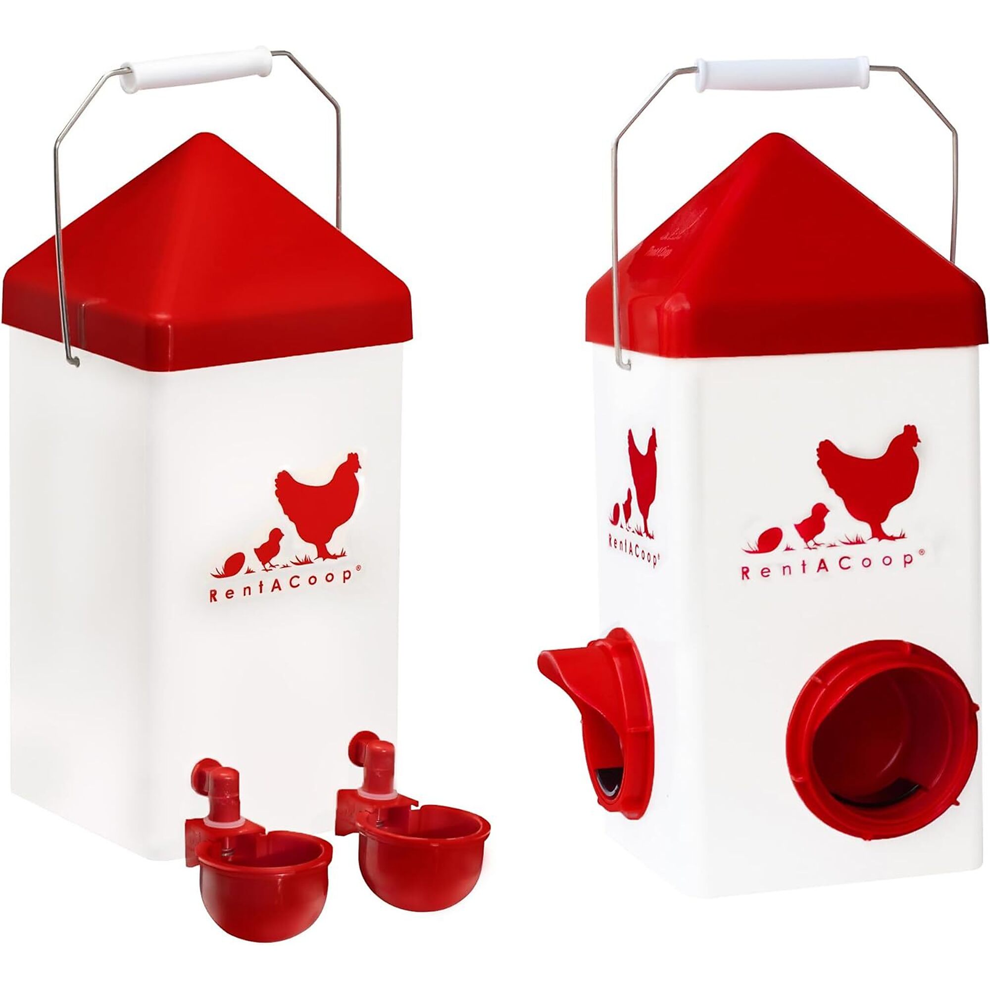 RentACoop, 5 Lb Chick2Chicken Port Feeder 1 Gal Waterer Set, with Autofill Cups and Horizontal Nipples, Anti-Roost Lids, and Mounting Kits, Model# ST-1GAL-5FDP